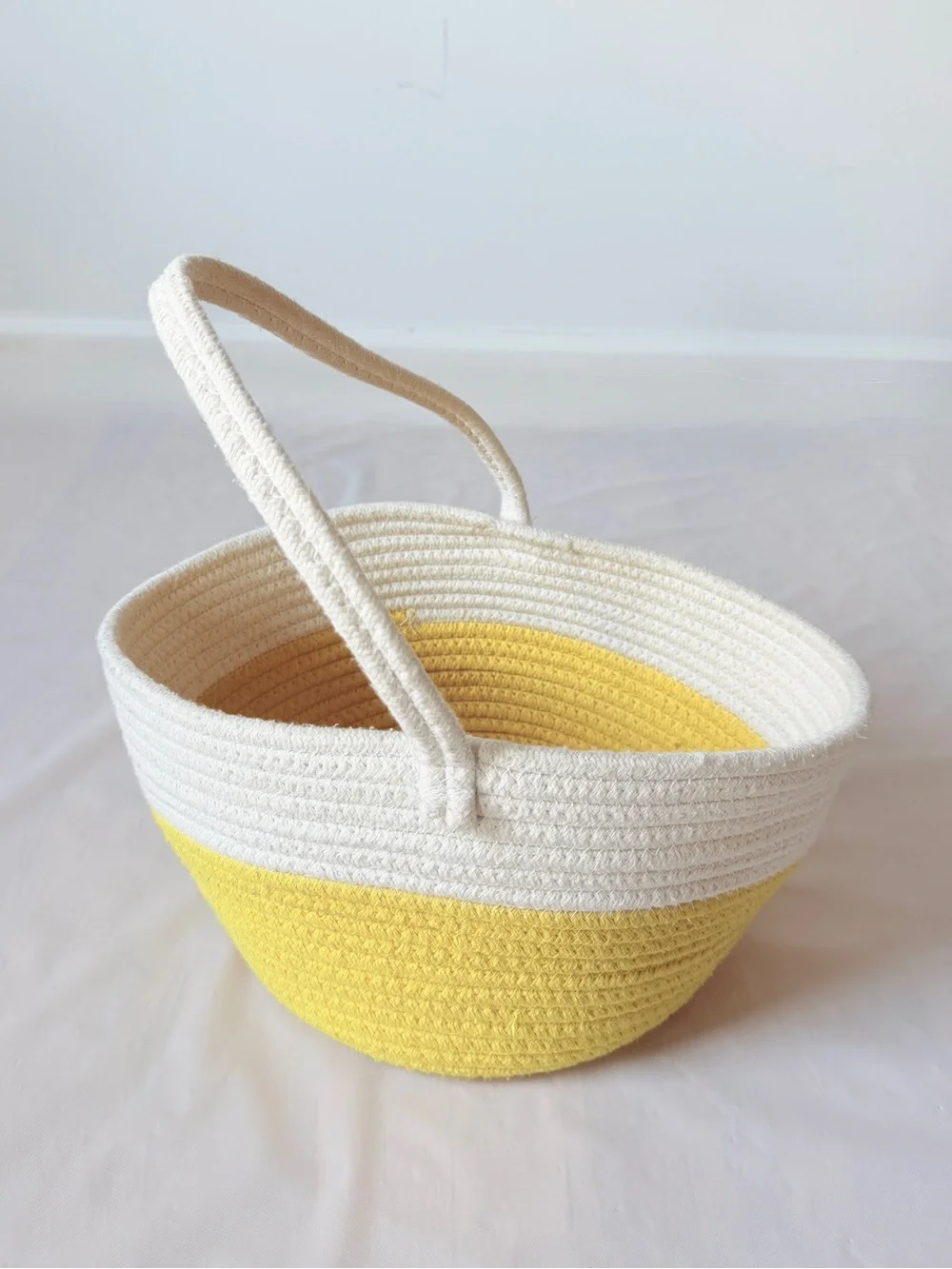 Yellow Cream Coiled Cotton Rope Basket Tote Single Handle Storage Decorative